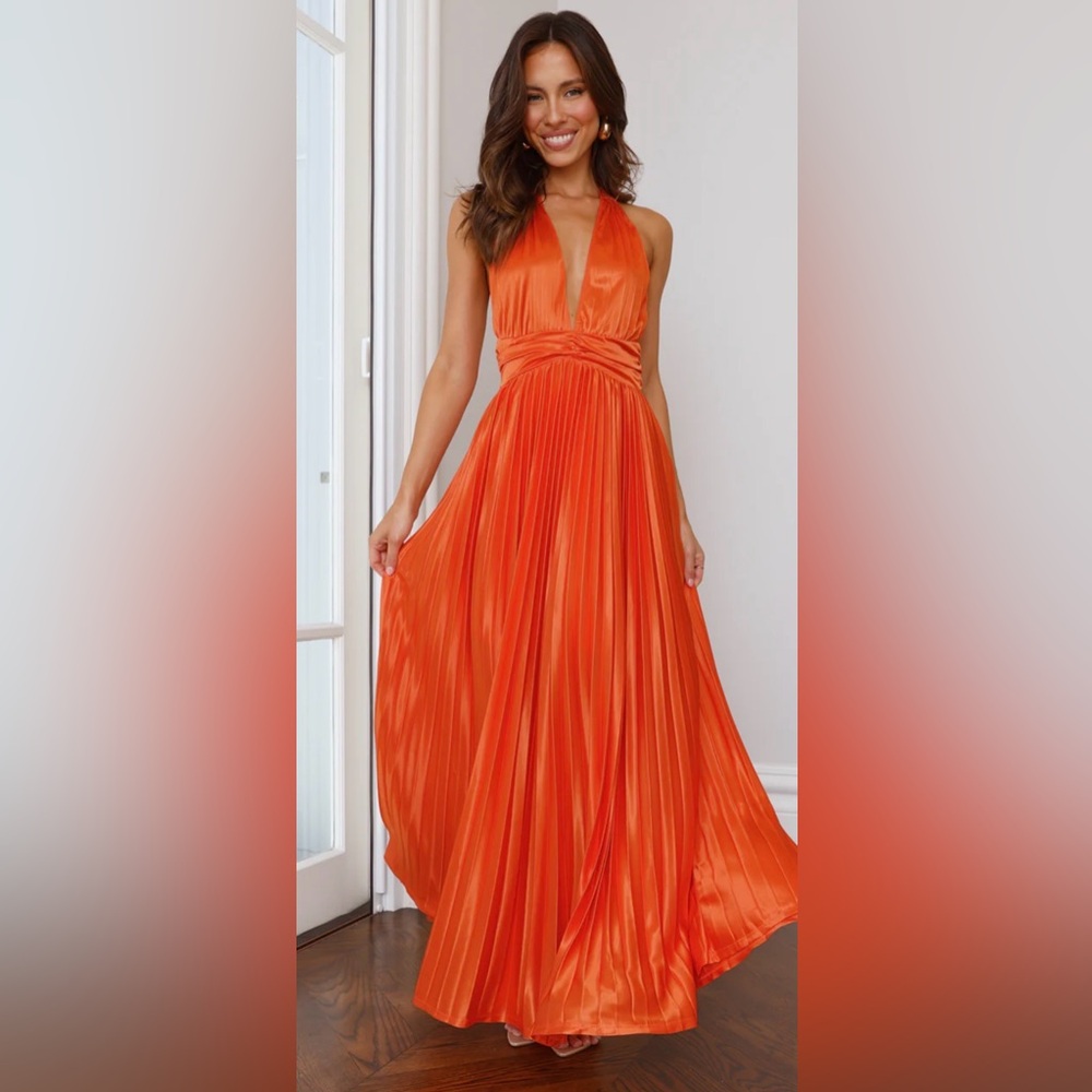Hello Molly Orange Satin Halter Pleated Maxi Gown - Picture 2 of 8